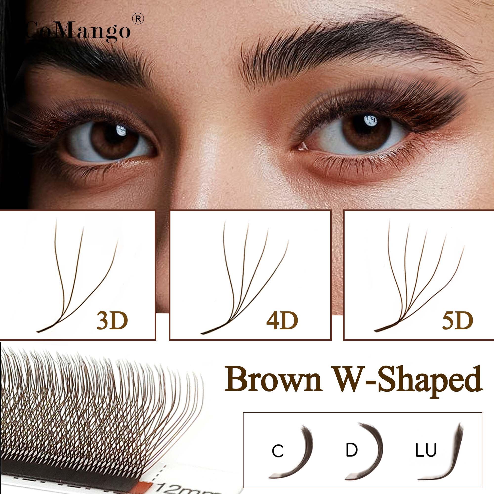 Eyelash Extension Volume Styles - CoMango C/D/LU بني، 3D/4D/5D، وصلات رموش